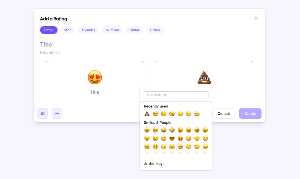 A view of the different rating styles available, including emoji, stars, thumbs, numbers, sliders, and grades.