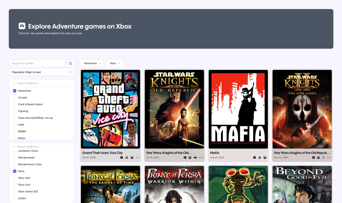 A view of the games listing page showcasing the library of over 200,000 games with genre and platform filters applied.