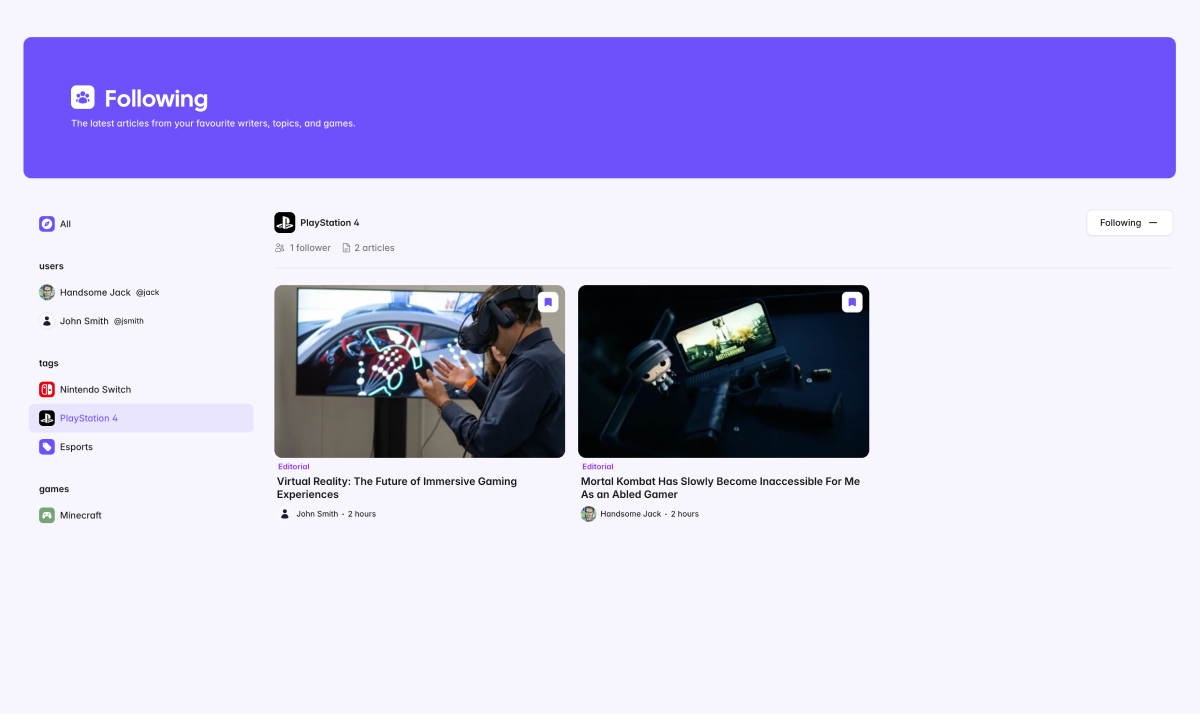 A view of the Following page showcasing the users, games, and tags you follow.