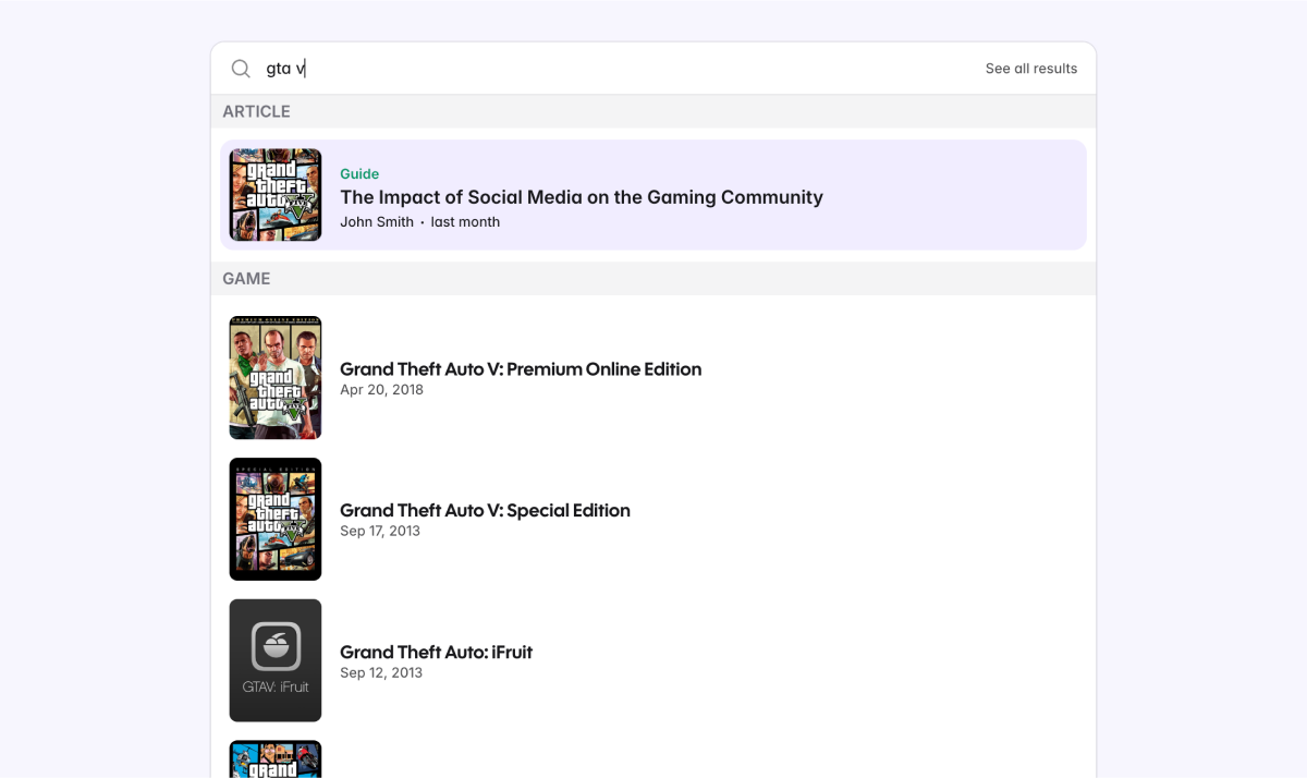 An example of the search bar with instant results displayed below, including articles and games.