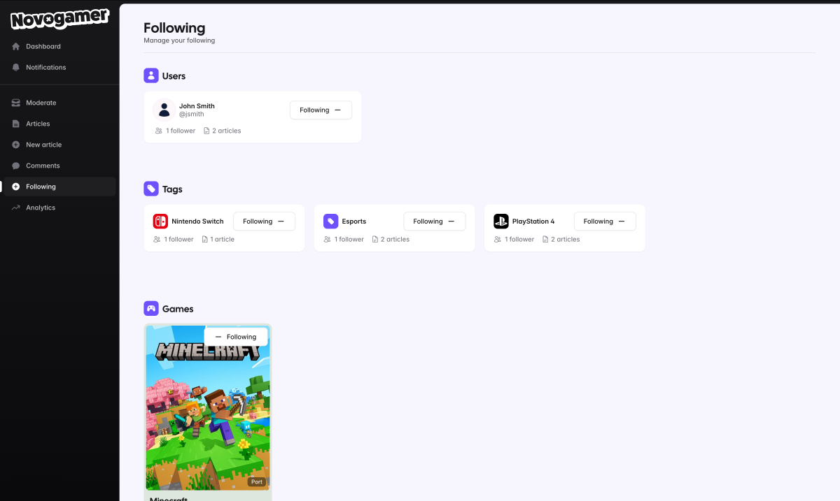 A view of the Following page on the dashboard, showcasing the users, games, and tags you follow with unfollow buttons.